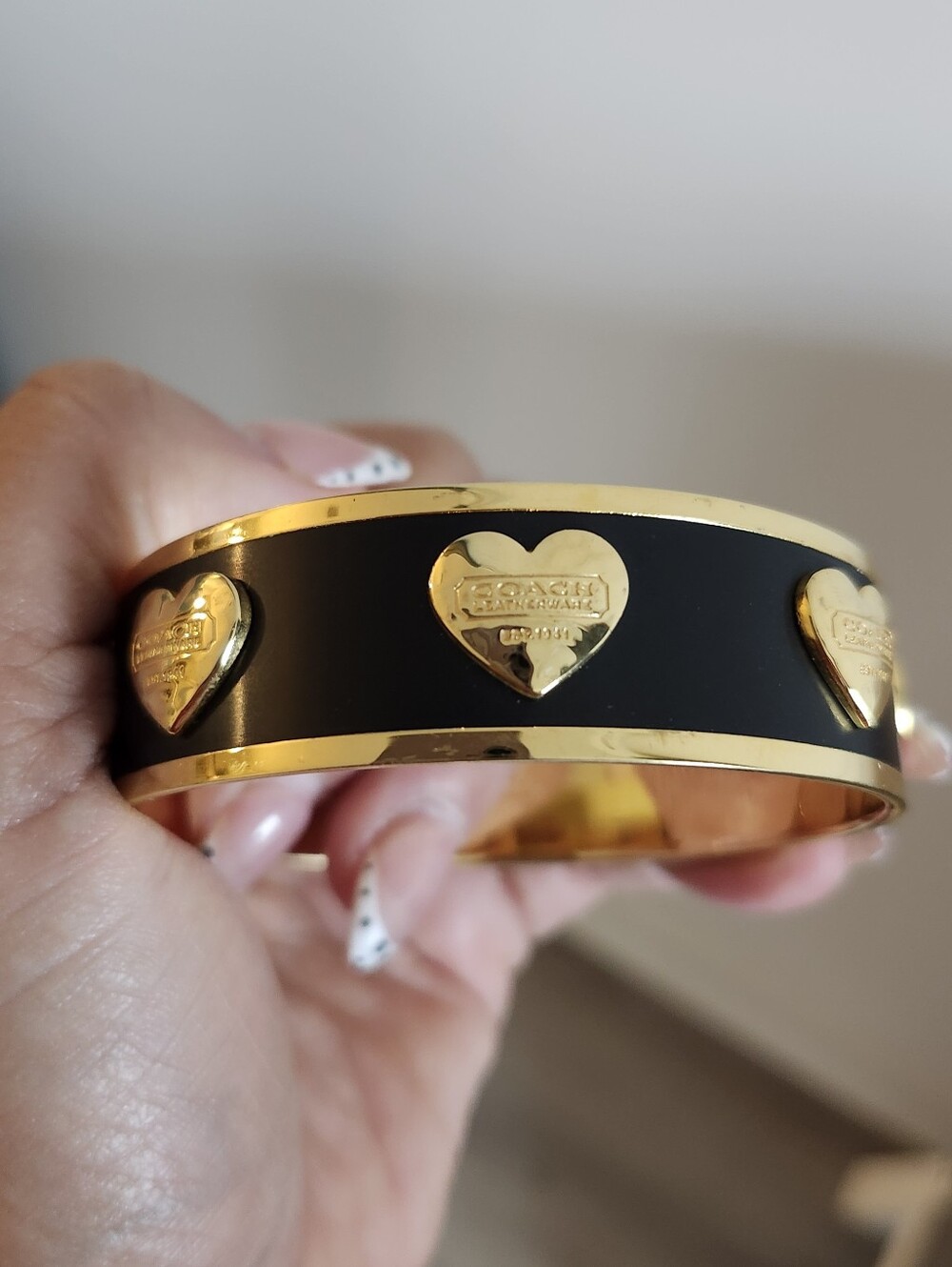 Coach Black and Gold Heart Hinged Bangle Bracelet